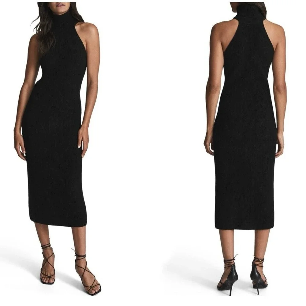 REISS Clem Sleeveless Turtleneck Sweater Dress wool cashmere blend Black‎ Size L